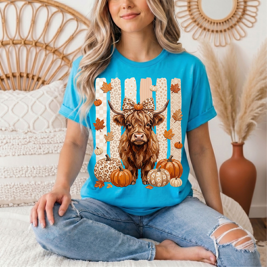Fall Highland Cow Leopard Bow & Pumpkin Graphic Tee