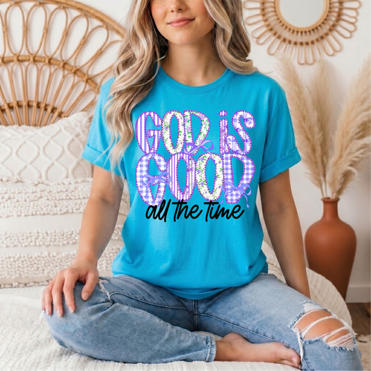 God Is Good All the Time Purple Bow Graphic Tee