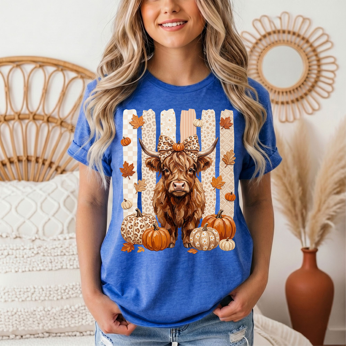 Fall Highland Cow Leopard Bow & Pumpkin Graphic Tee