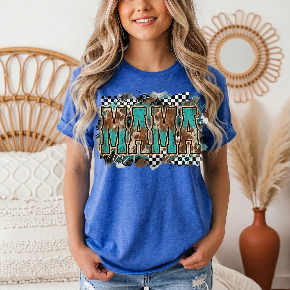 Turquoise & Cow Print Mama Western Graphic Tee