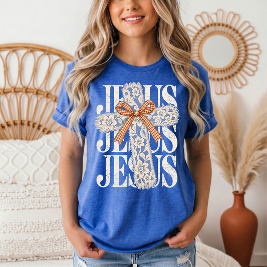 Jesus Lace Cross & Gingham Bow Christian Graphic Tee