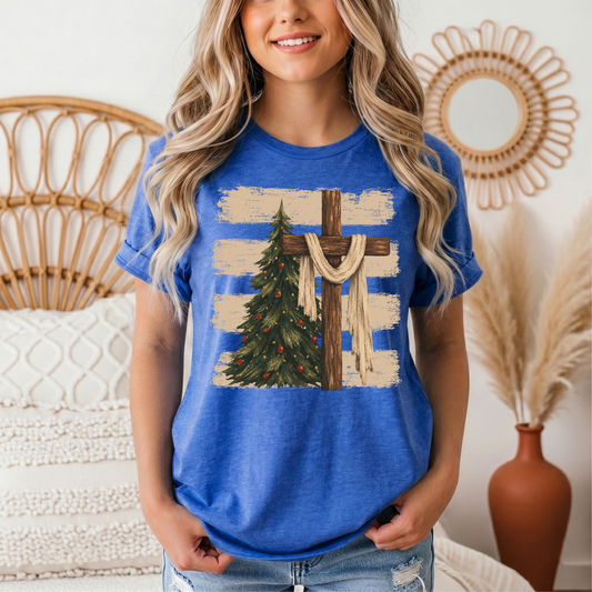 Rustic Cross & Christmas Tree Christian Graphic Tee