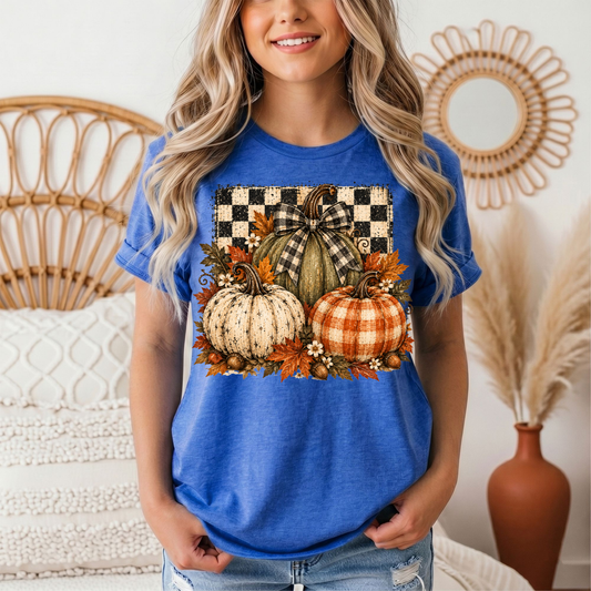 Rustic Fall Pumpkin Trio & Gingham Bow Graphic Tee