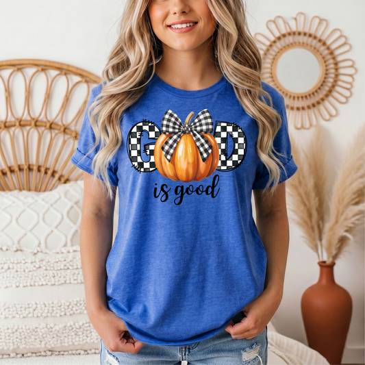 God Is Good Pumpkin & Gingham Bow Graphic Tee