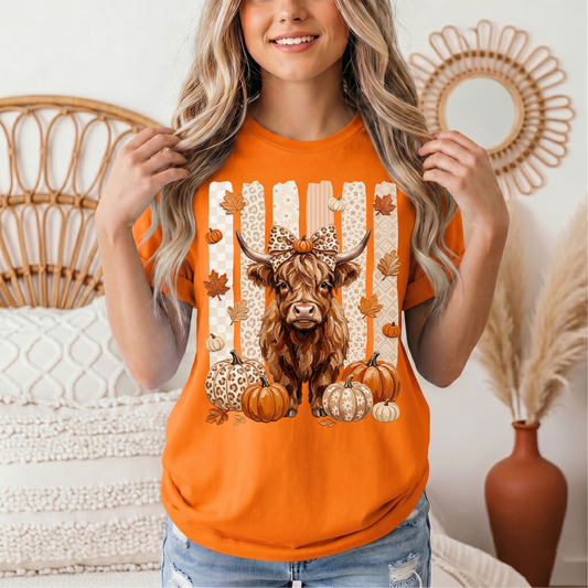 Fall Highland Cow Leopard Bow & Pumpkin Graphic Tee