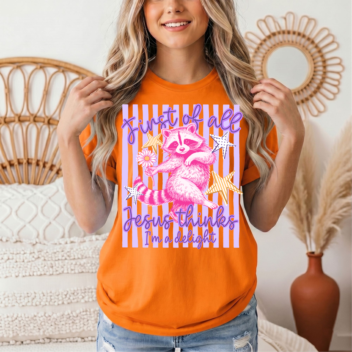 Jesus Thinks I'm a Delight Pink Raccoon Graphic Tee