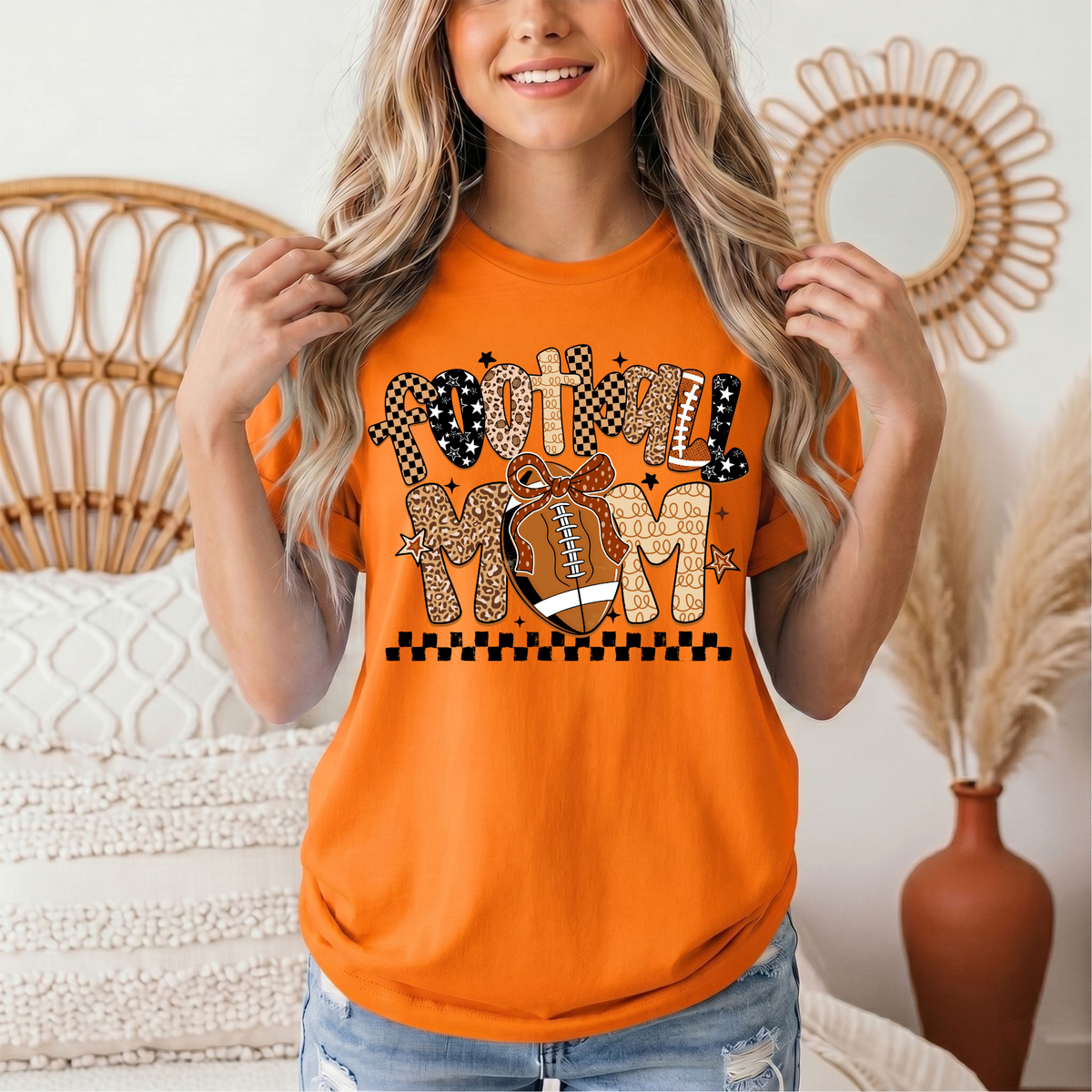 Football Mom Mixed Print Bow & Checkerboard Graphic Tee