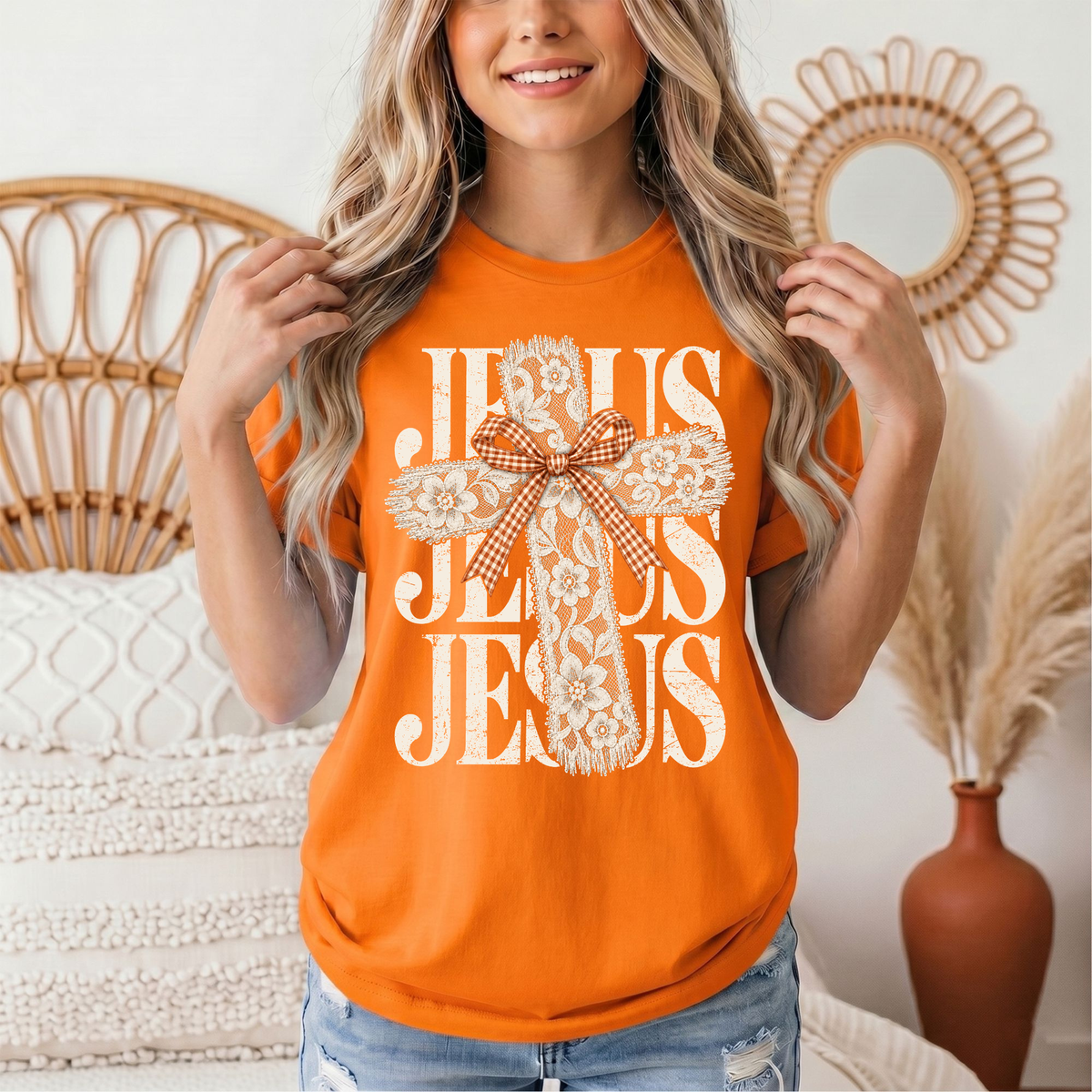 Jesus Lace Cross & Gingham Bow Christian Graphic Tee