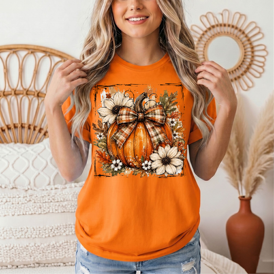Fall Pumpkin Floral & Plaid Bow Graphic Tee