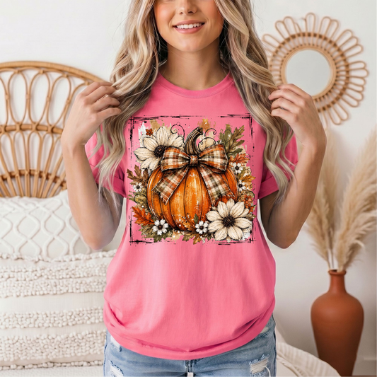 Fall Pumpkin Floral & Plaid Bow Graphic Tee