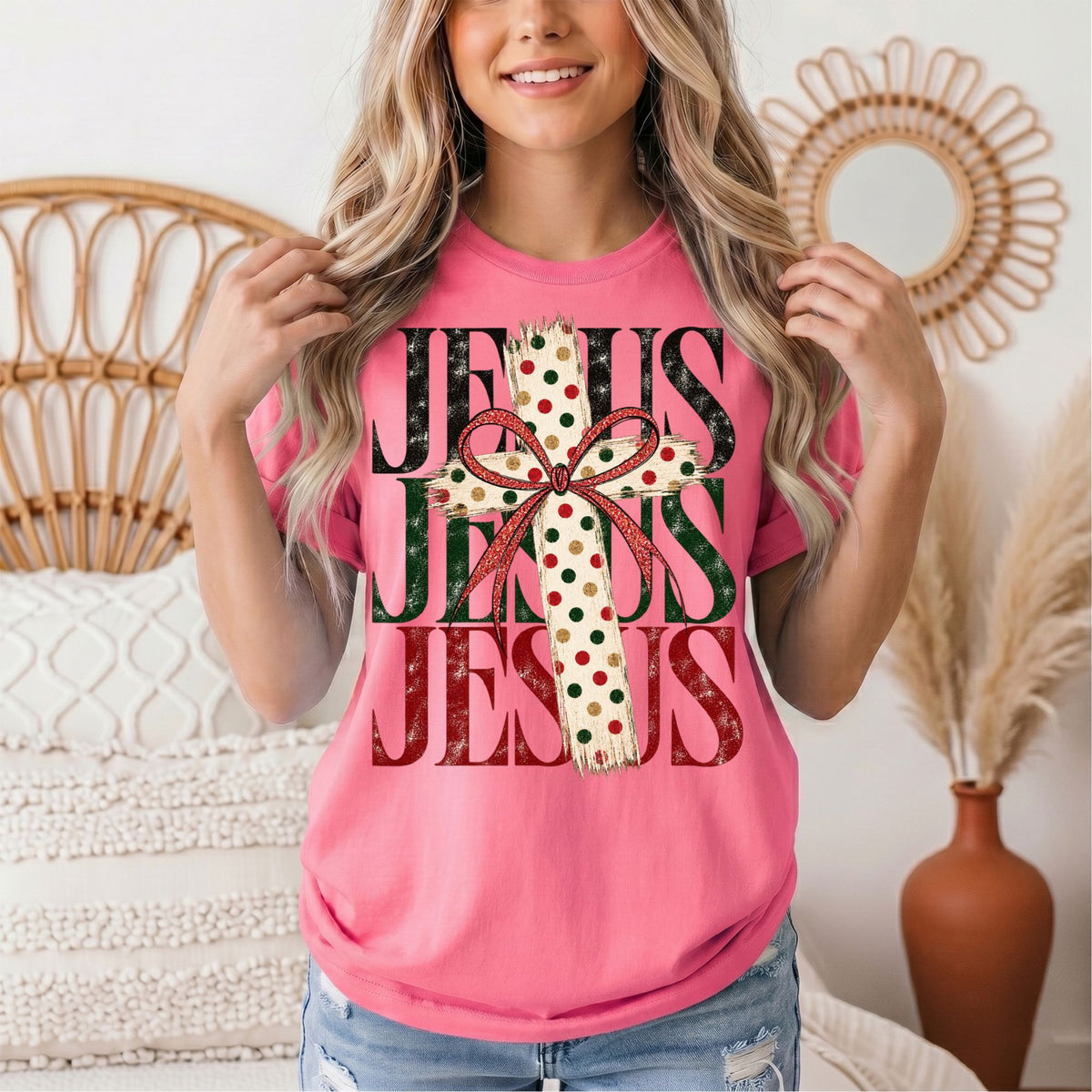 Jesus Christmas Cross & Bow Graphic Tee
