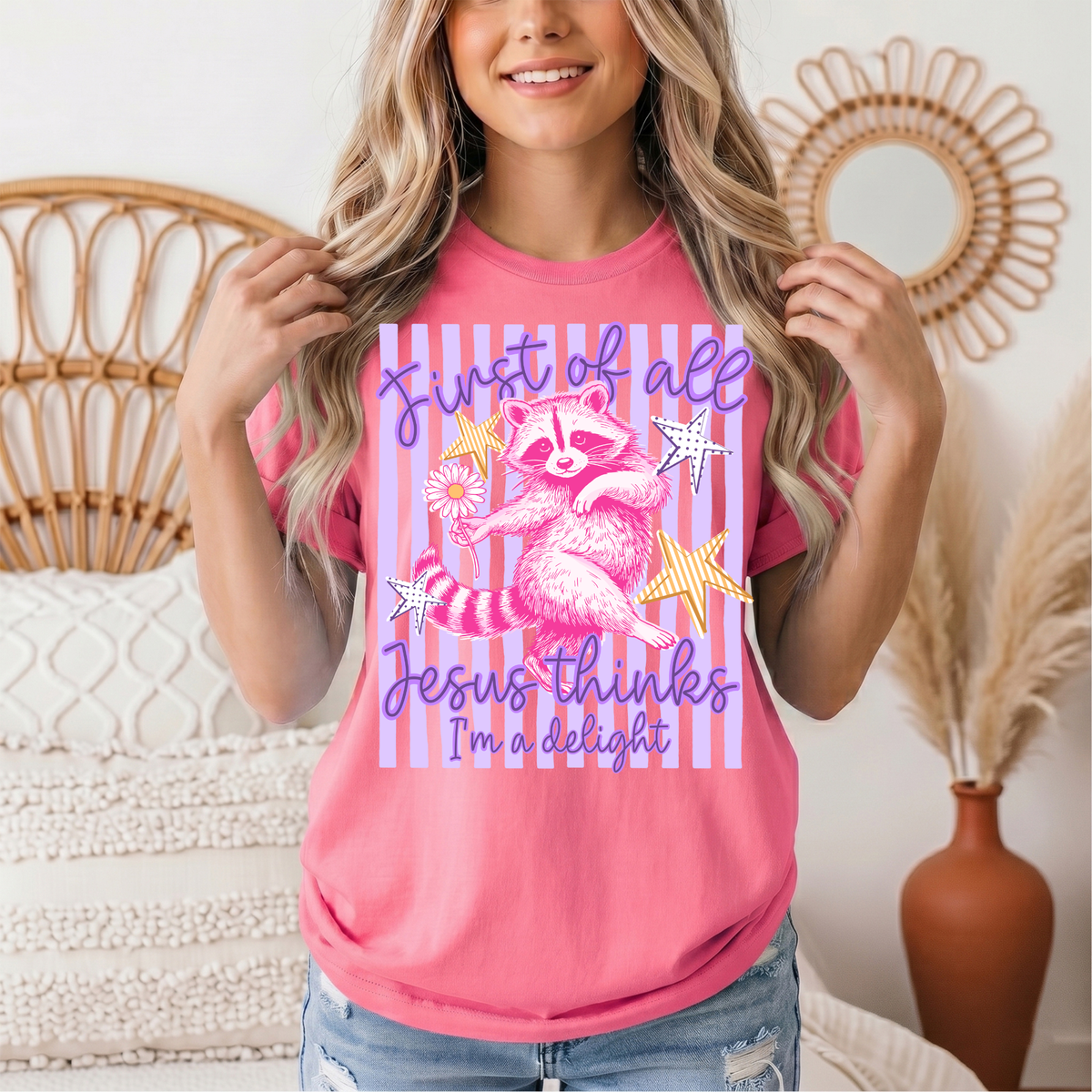 Jesus Thinks I'm a Delight Pink Raccoon Graphic Tee