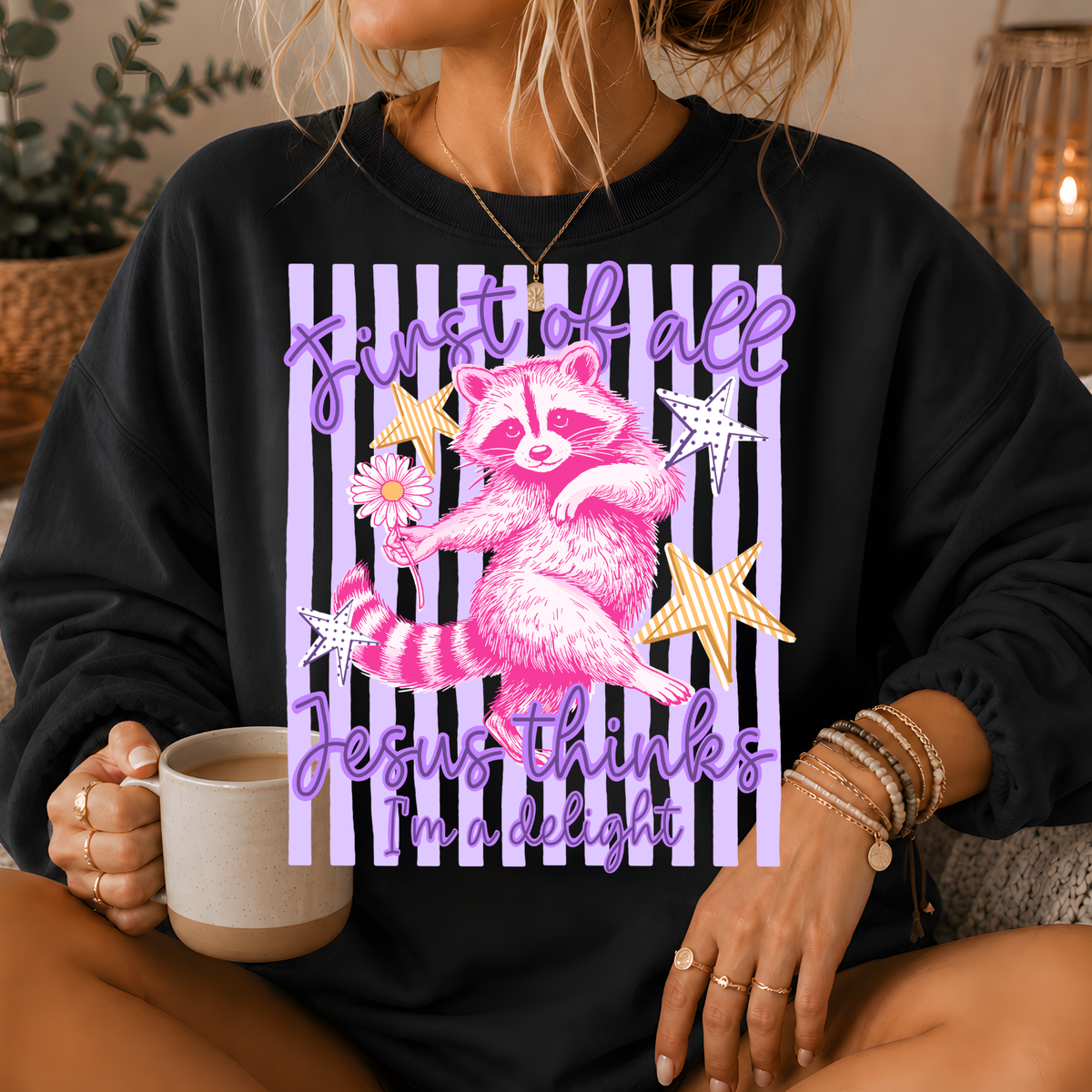 Jesus Thinks I'm a Delight Raccoon Crewneck Sweatshirt