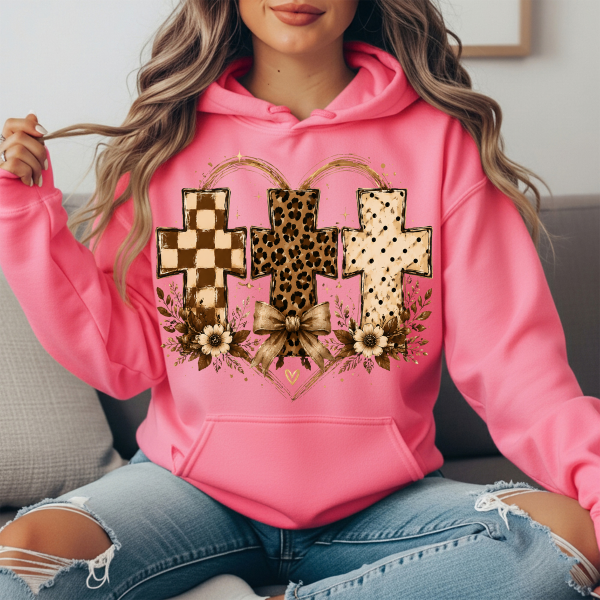 Three Crosses Leopard Floral Bow Graphic Hoodie