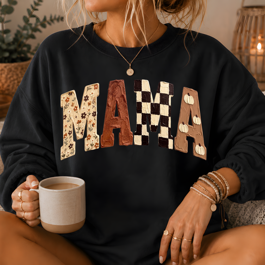 Mama Fall Patchwork Print Crewneck Sweatshirt