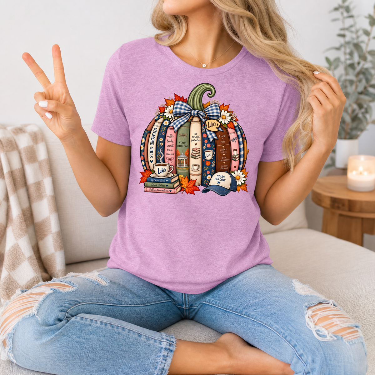 Gilmore Fall Bookish Pumpkin & Gingham Bow Graphic Tee