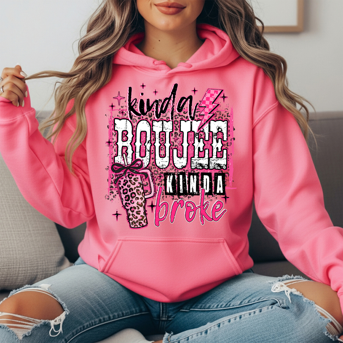 Kinda Boujee Kinda Broke Pink Leopard Graphic Hoodie