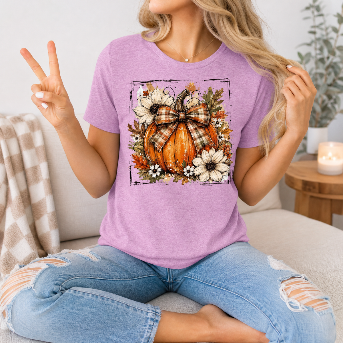 Fall Pumpkin Floral & Plaid Bow Graphic Tee