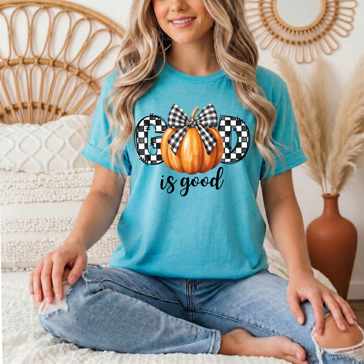 God Is Good Pumpkin & Gingham Bow Graphic Tee