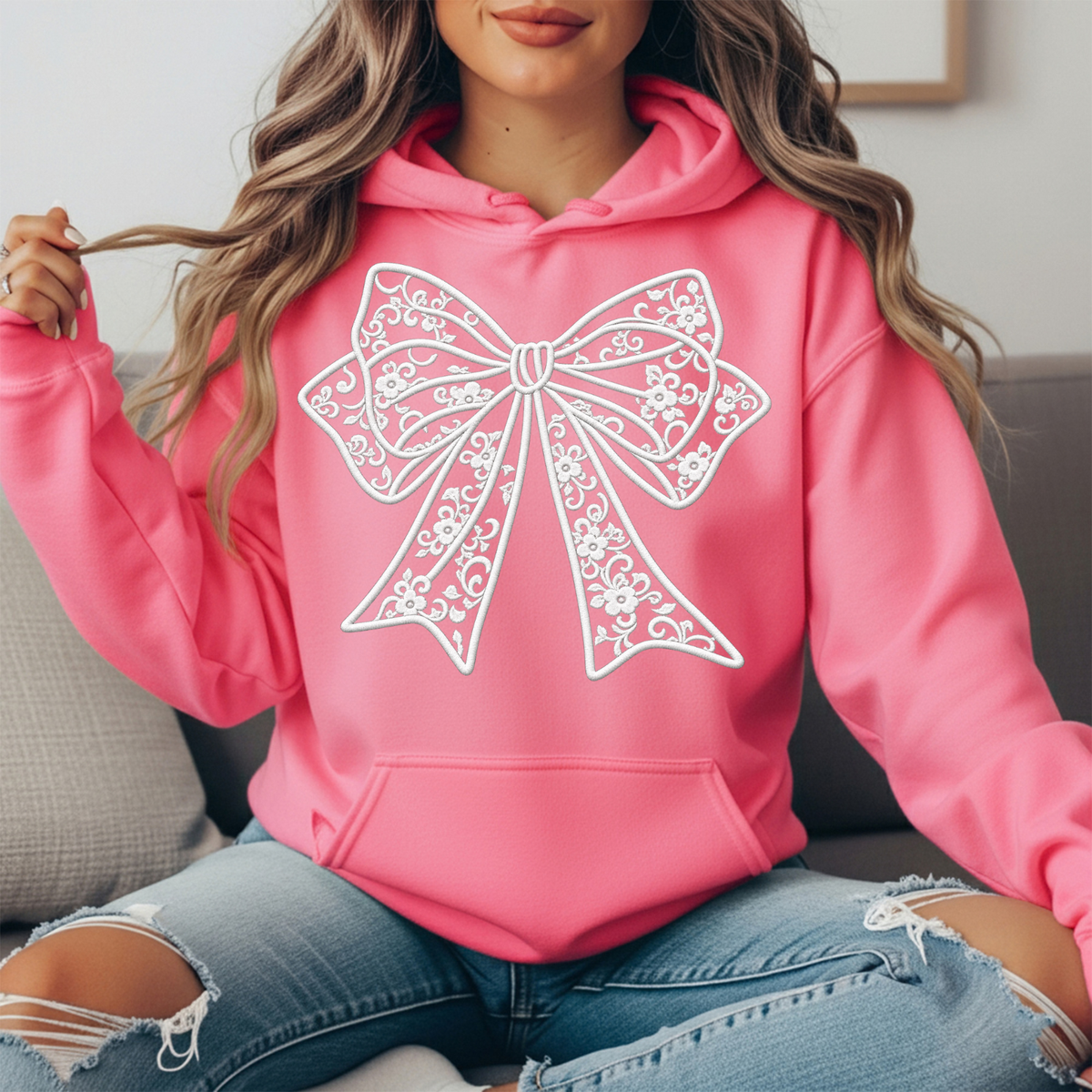 Floral Lace Bow Graphic Hoodie
