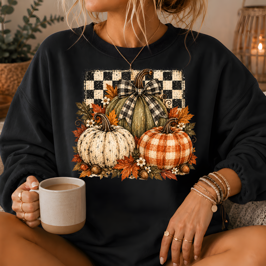 Pumpkin Plaid Bow Floral Crewneck Sweatshirt