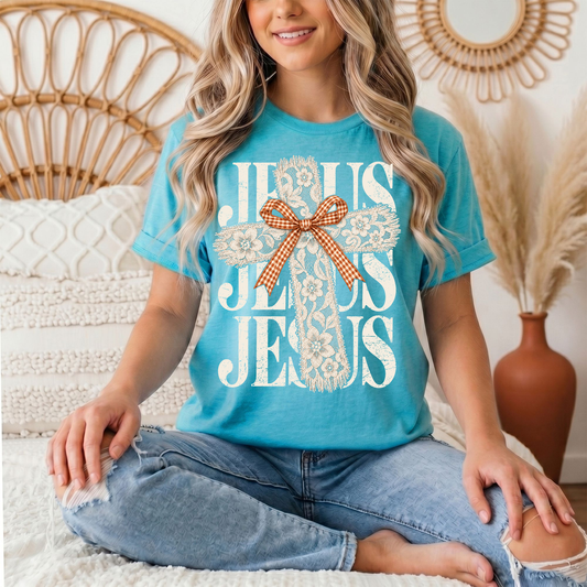 Jesus Lace Cross & Gingham Bow Christian Graphic Tee