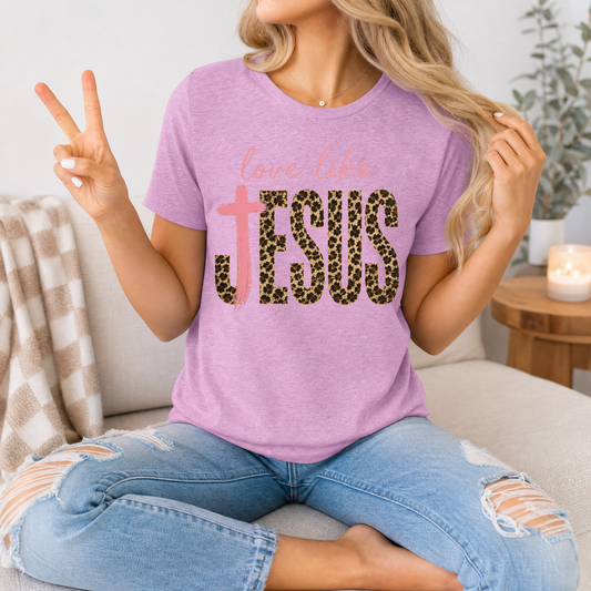 Love Like Jesus Leopard Print & Pink Cross Graphic Tee