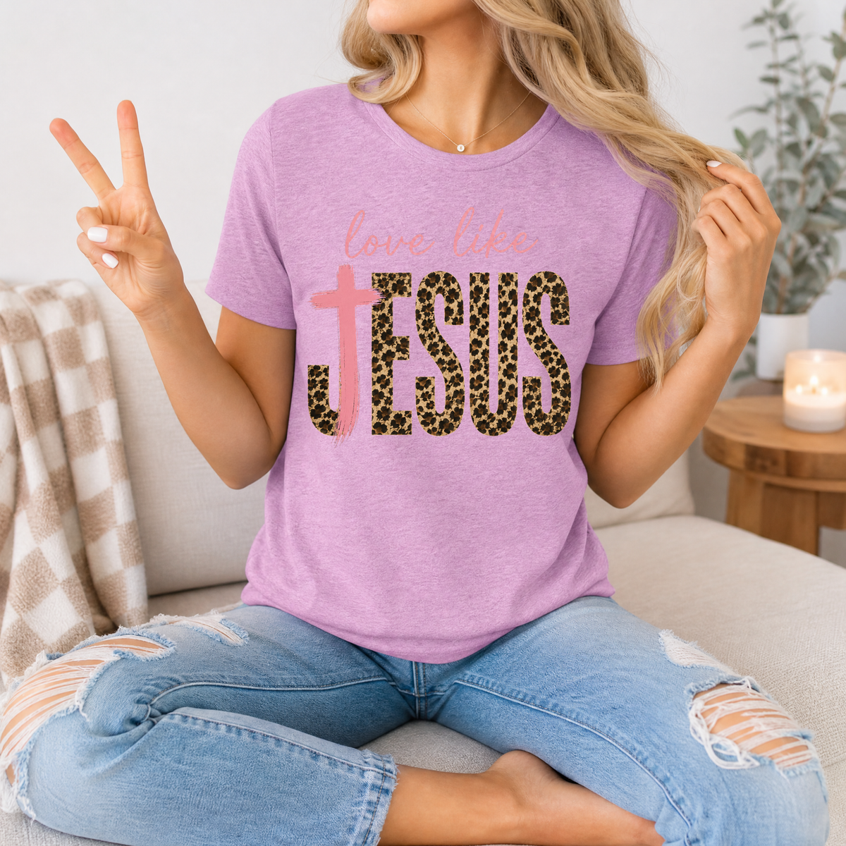 Love Like Jesus Leopard Print & Pink Cross Graphic Tee