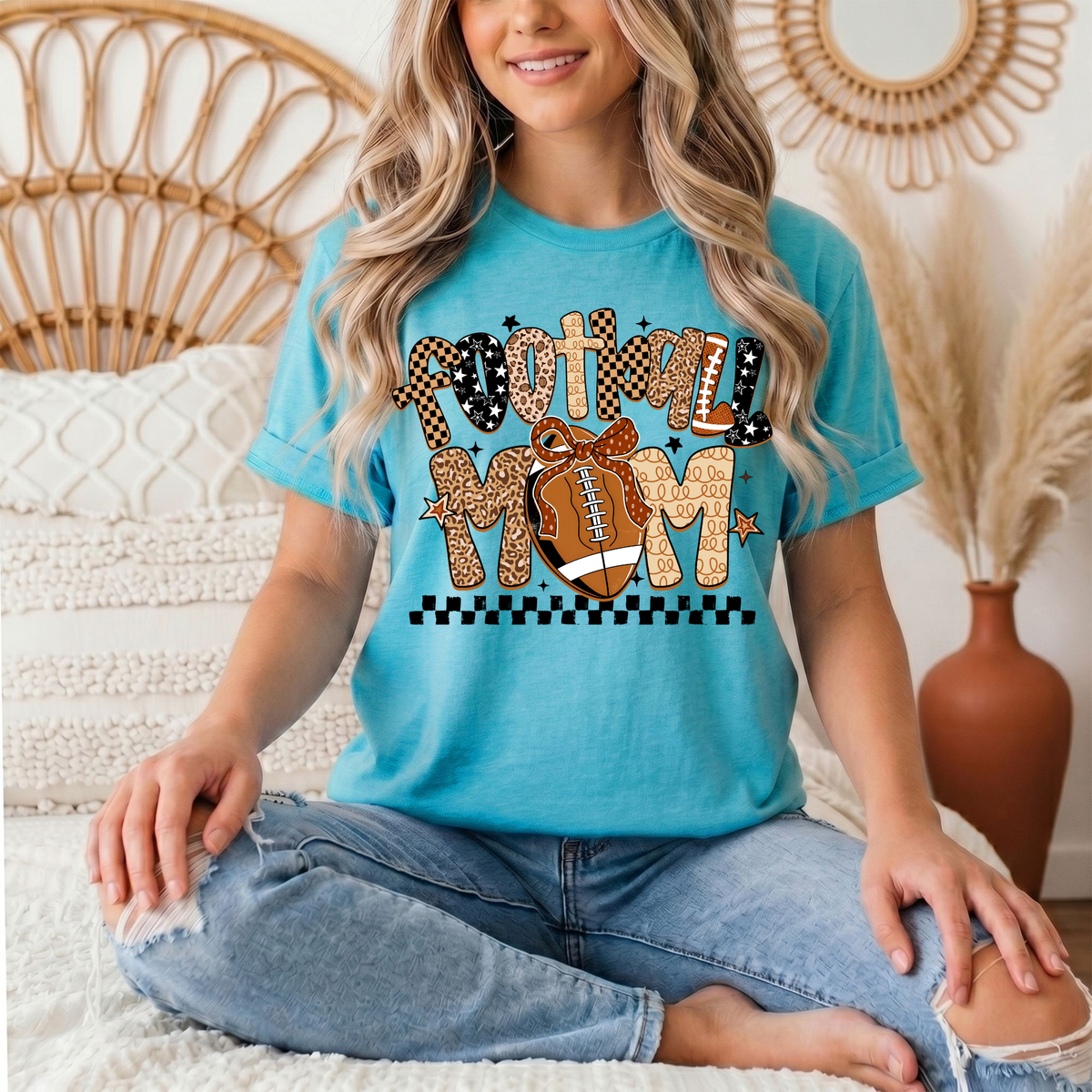 Football Mom Mixed Print Bow & Checkerboard Graphic Tee