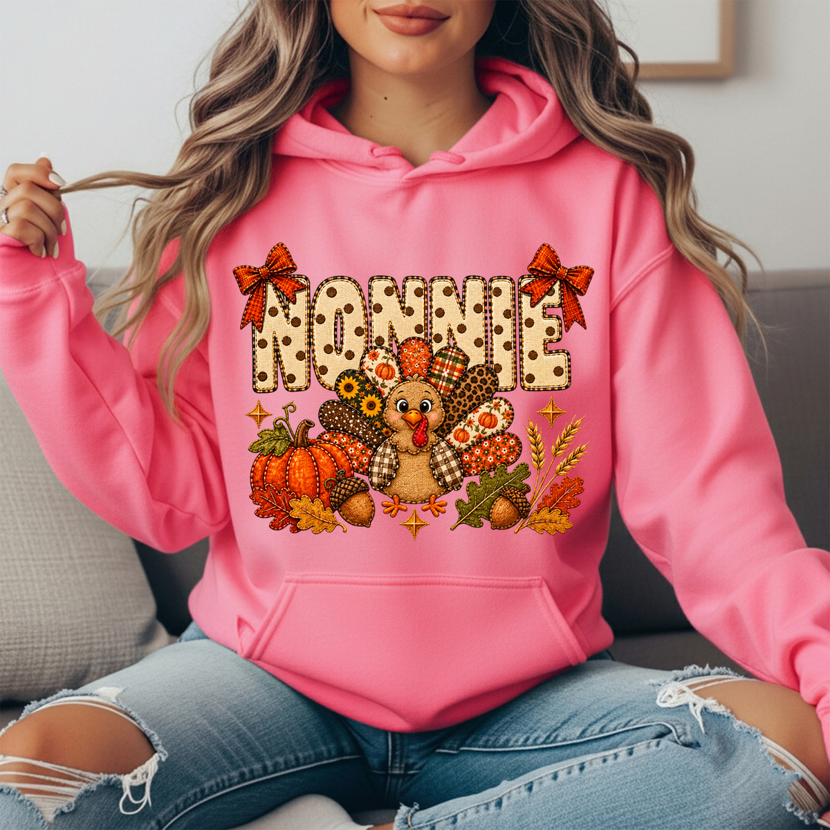 Nonnie Thanksgiving Patchwork Turkey Bow Graphic Hoodie