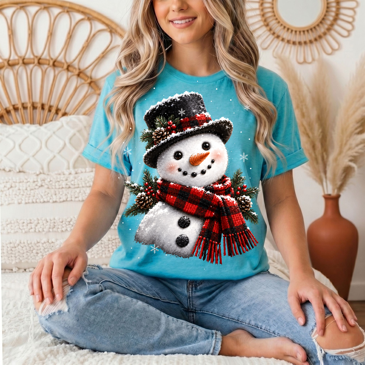 Snowman Buffalo Plaid Scarf Christmas Graphic Tee