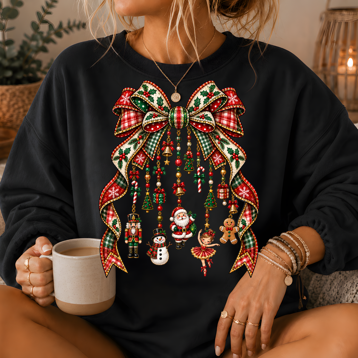 Christmas Plaid Bow Holiday Charms Crewneck Sweatshirt