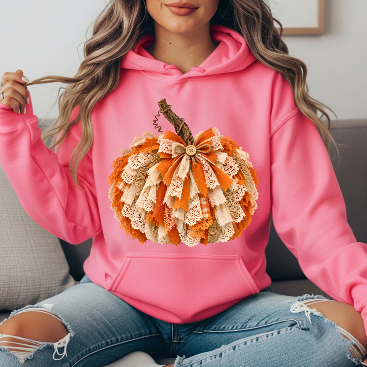 Rustic Lace & Burlap Pumpkin Graphic Hoodie