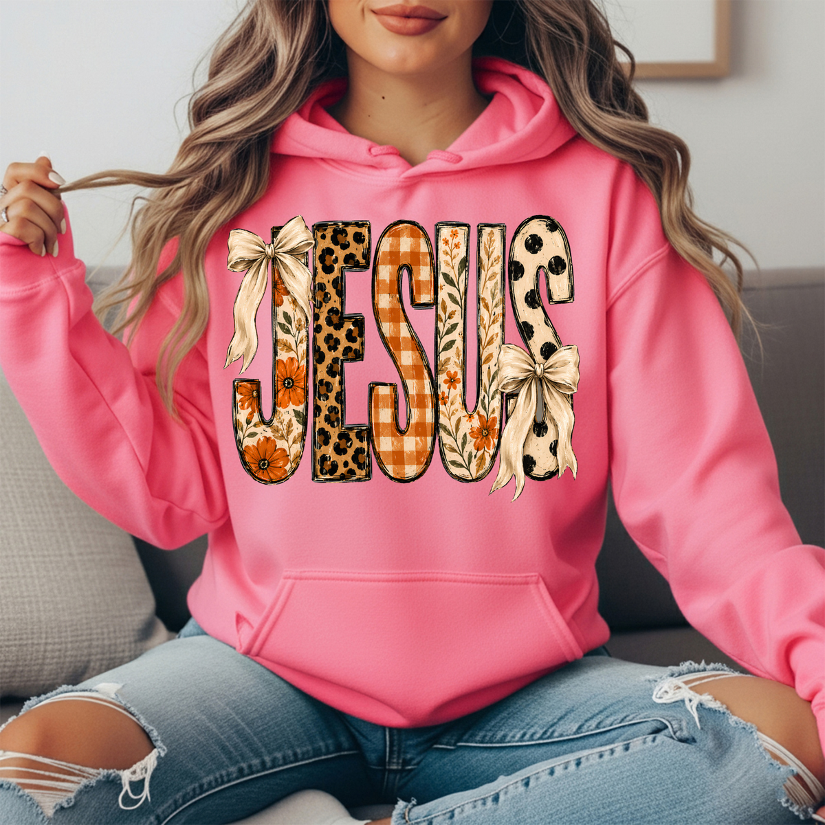 Jesus Patchwork Floral & Bow Graphic Hoodie