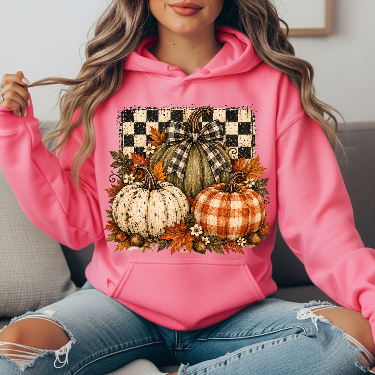 Rustic Fall Pumpkins Buffalo Check Bow Graphic Hoodie