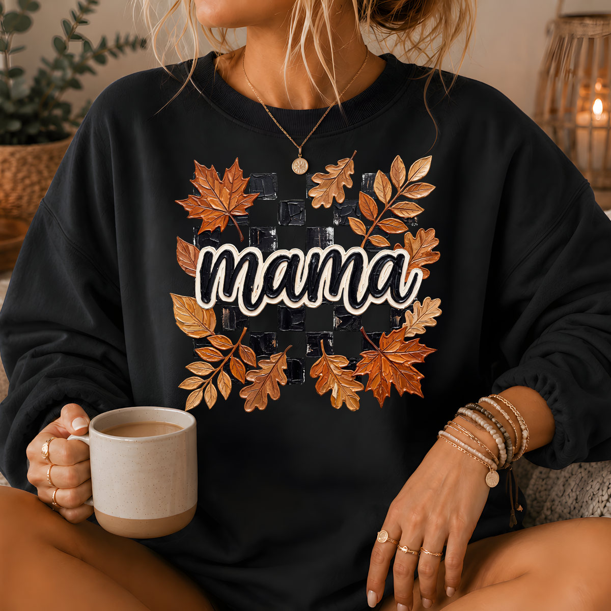 Mama Fall Leaves Checkerboard Crewneck Sweatshirt