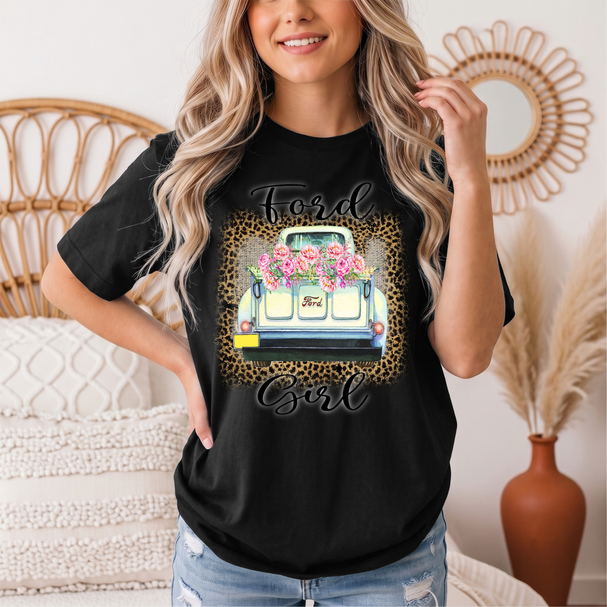 Ford Girl Floral Vintage Truck & Leopard Graphic Tee
