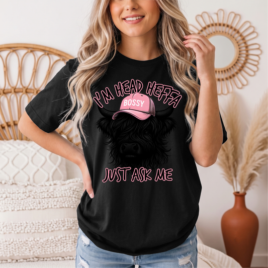 I'm Head Heffa Highland Cow Pink Bossy Cap Graphic Tee