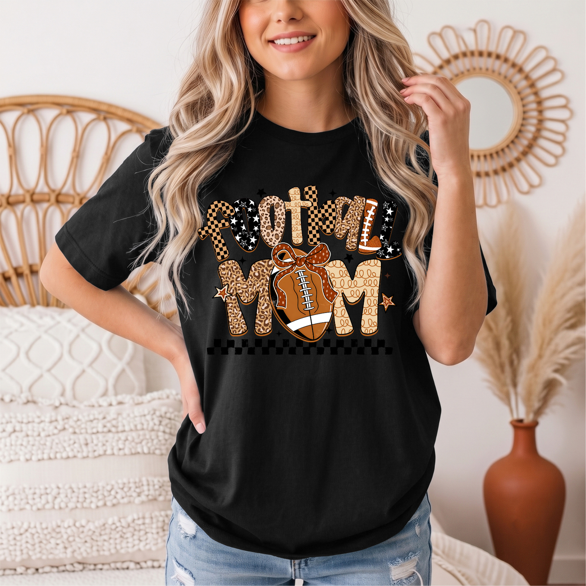 Football Mom Mixed Print Bow & Checkerboard Graphic Tee