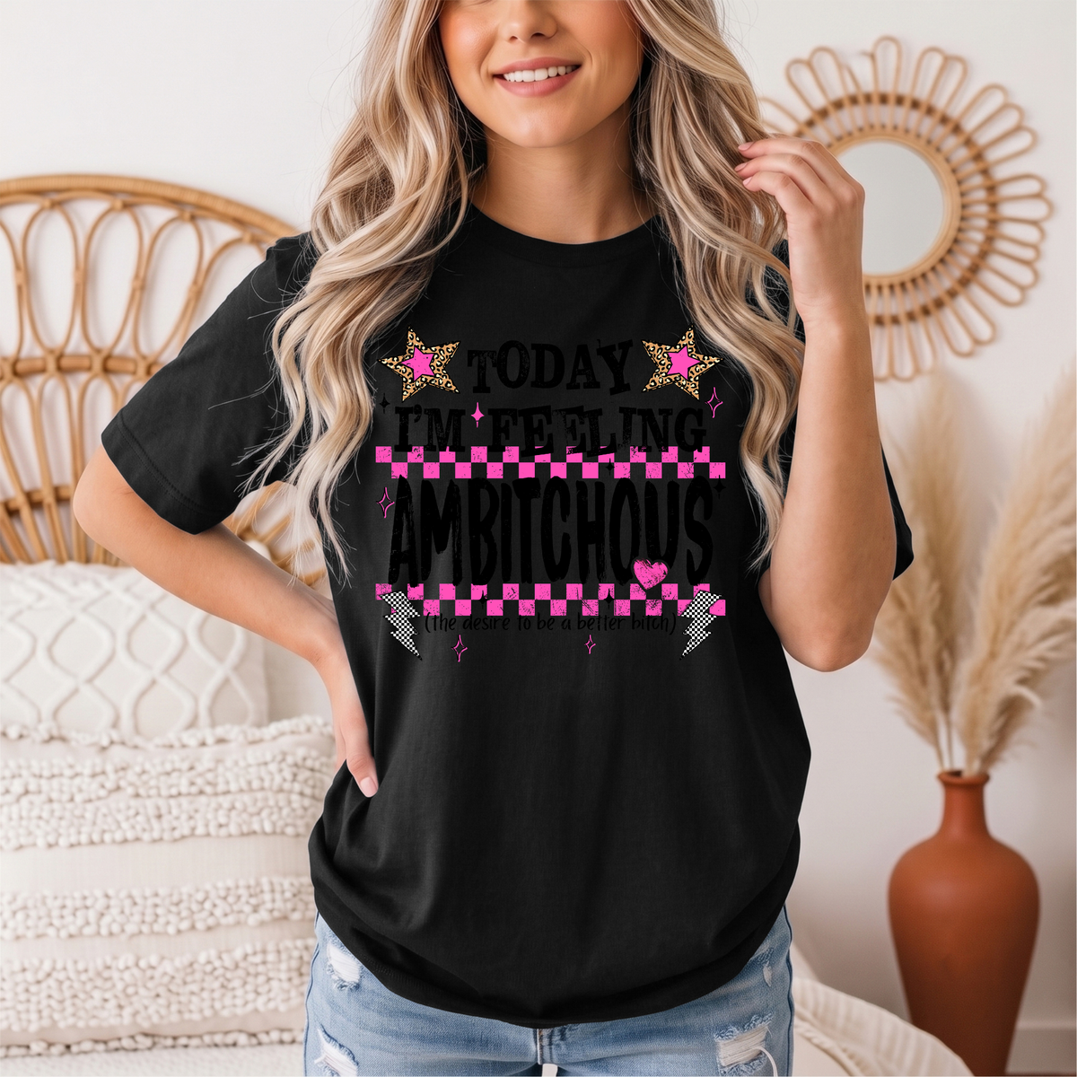 Today I'm Feeling Ambitchous Pink Checkerboard Graphic Tee