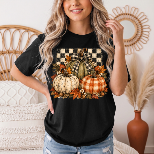 Rustic Fall Pumpkin Trio & Gingham Bow Graphic Tee