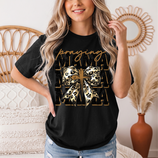 Praying Mama Leopard Bow & Cross Graphic Tee