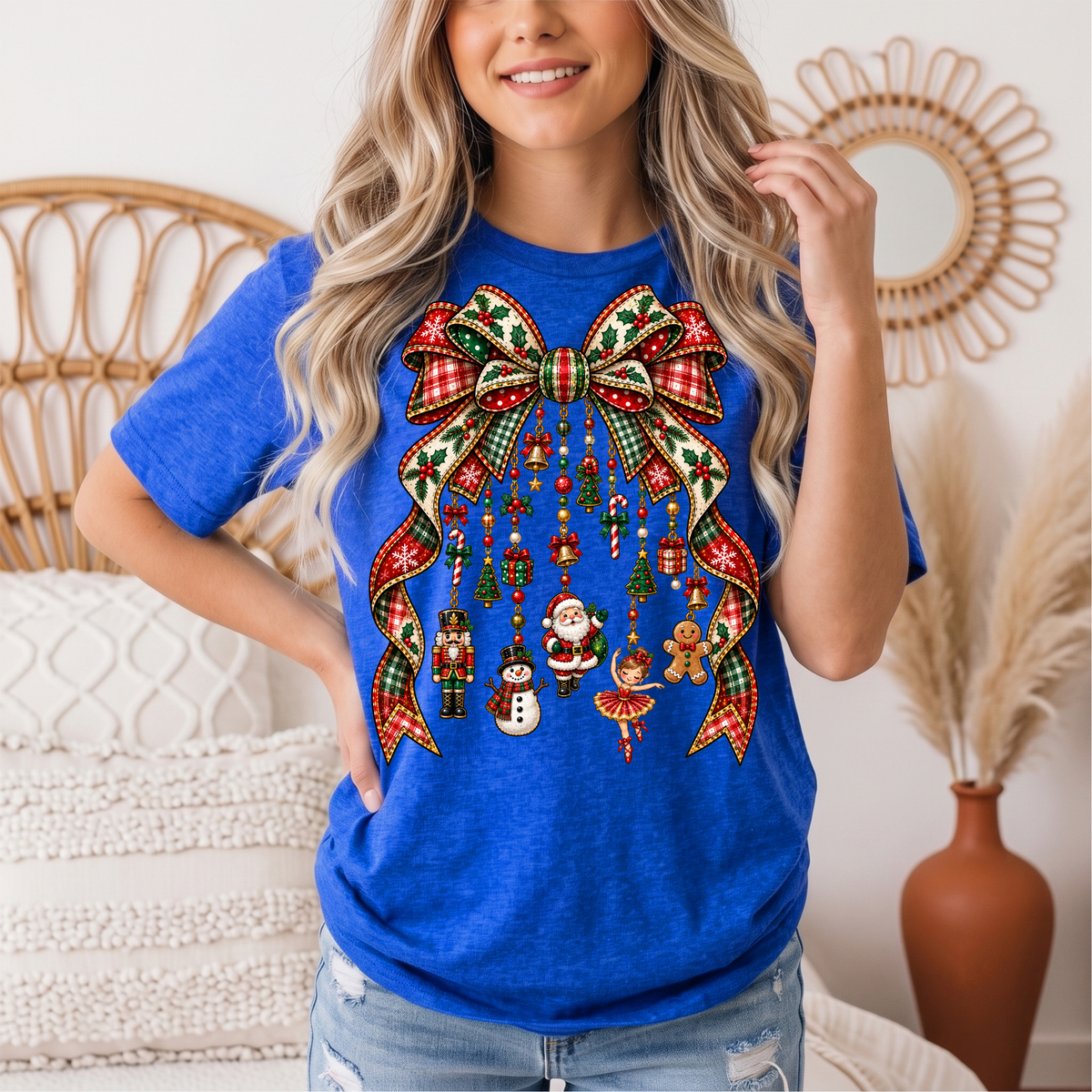 Christmas Plaid Bow & Holiday Charms Graphic Tee