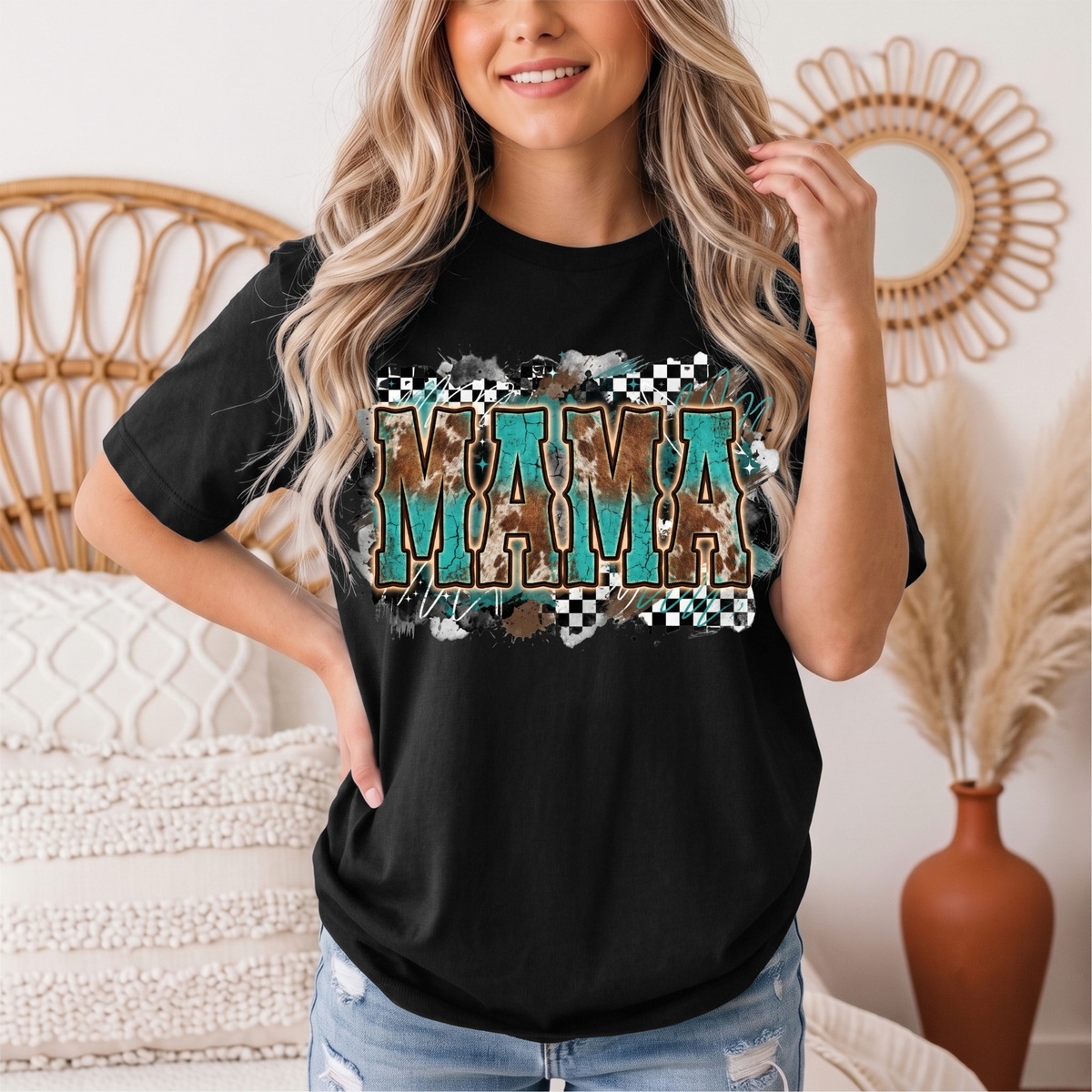 Turquoise & Cow Print Mama Western Graphic Tee