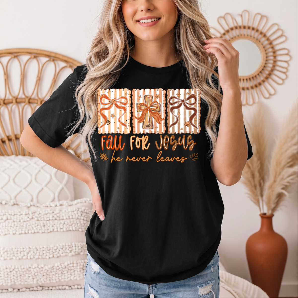 Fall for Jesus He Never Leaves Christian Graphic Tee