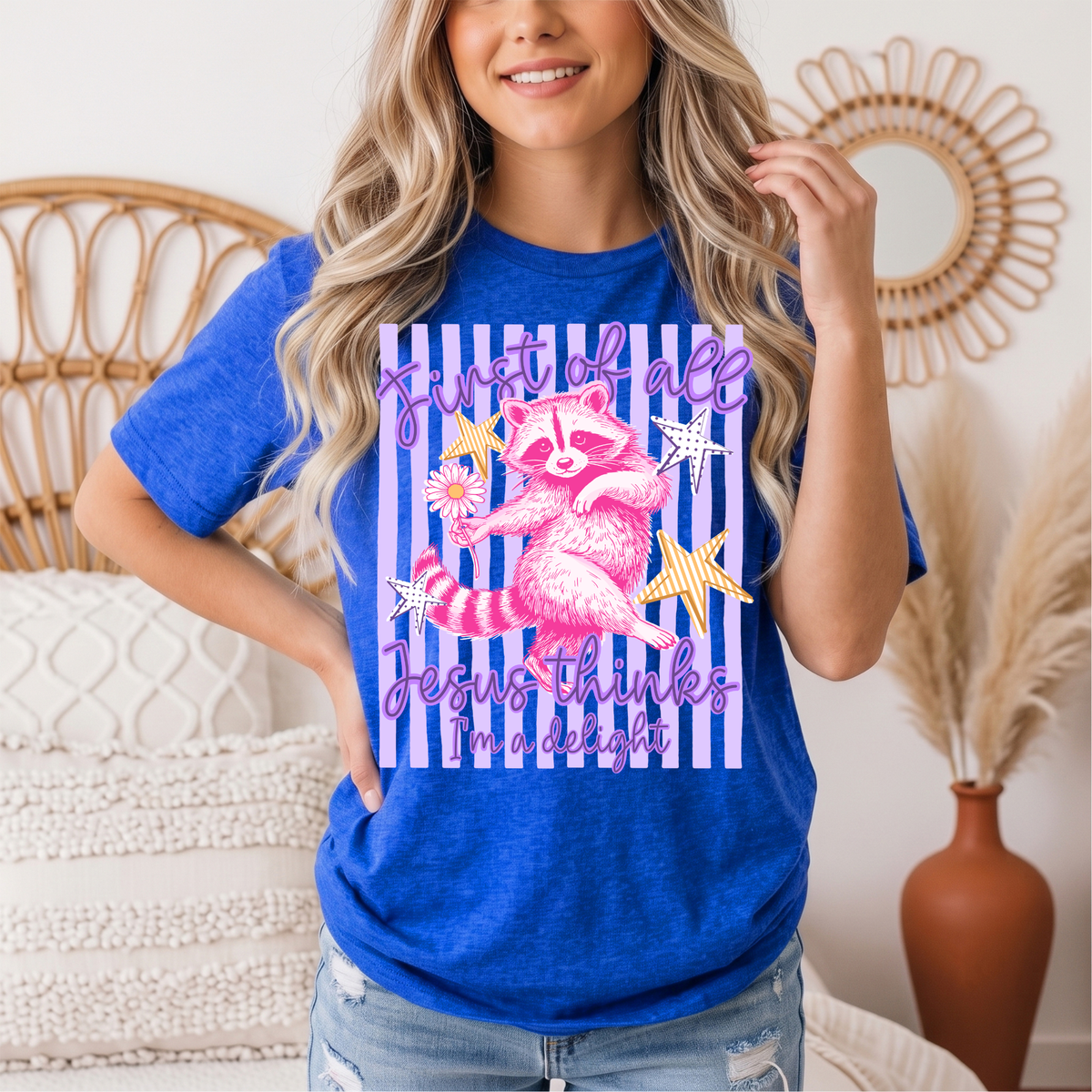 Jesus Thinks I'm a Delight Pink Raccoon Graphic Tee