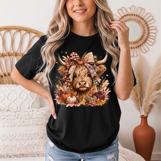 Fall Highland Cow Bow & Pumpkins Graphic Tee