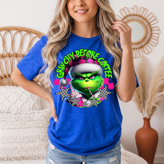 Grinchy Before Coffee Pink Checkerboard Christmas Graphic Tee