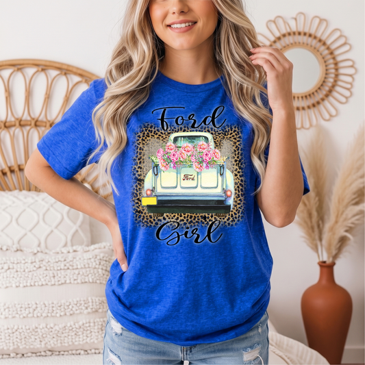 Ford Girl Floral Vintage Truck & Leopard Graphic Tee
