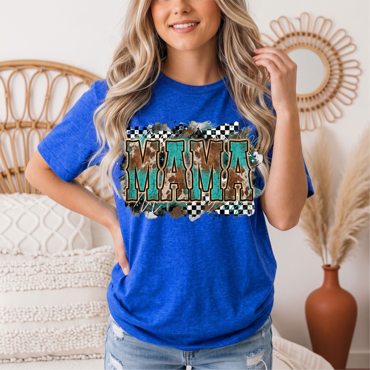Turquoise & Cow Print Mama Western Graphic Tee